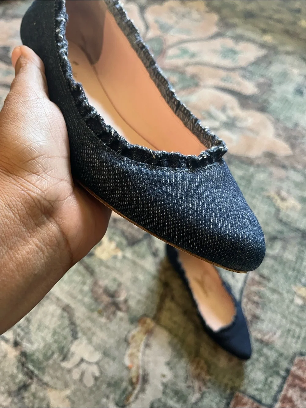 Kate Spade ♠️ Navy Ruffle Denim Pointed-Toe Ballet Flats Size 7 Retail: $195.00